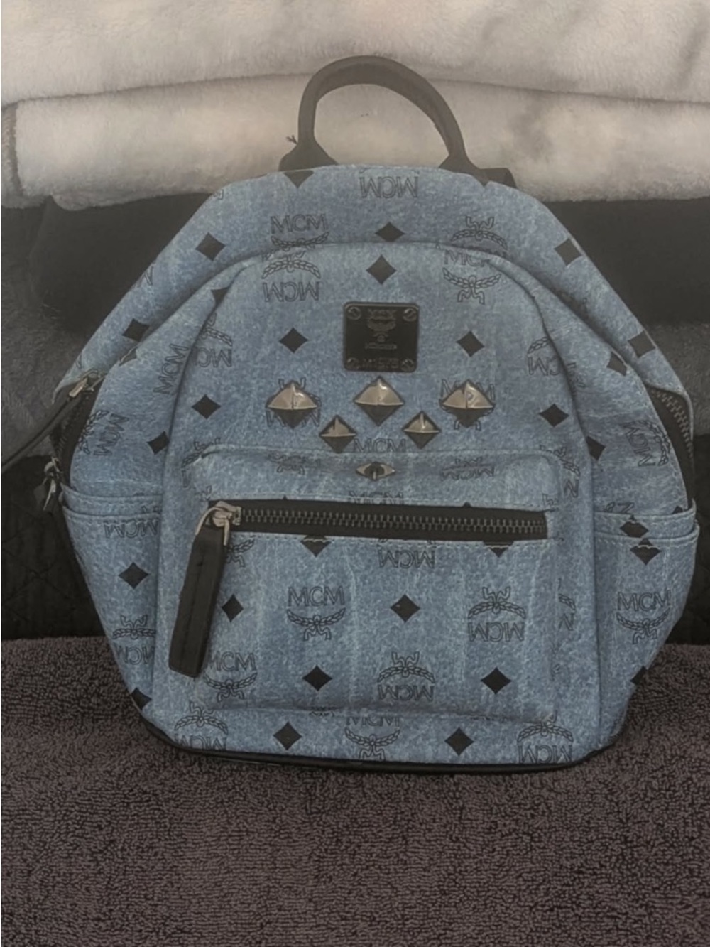MCM Light Blue Monogram Studded Mini Backpack